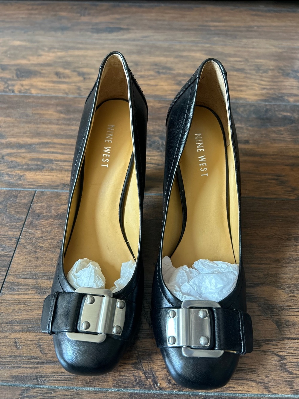 Nine West, Women, Black Leather Heeled Pumps with Silver Buckle - Picture 2 of 12